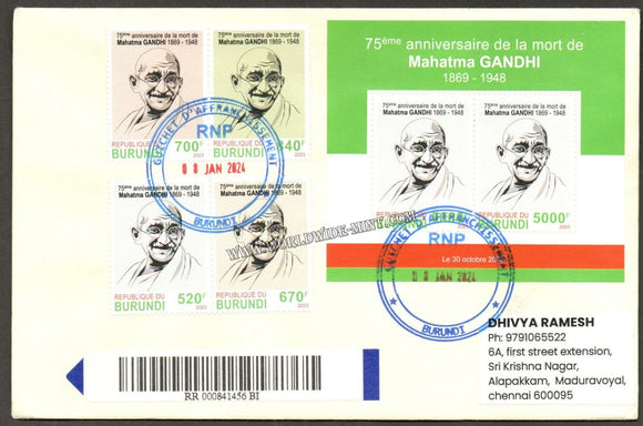 2023 Burundi Gandhi 4v & Mini Sheet tied Commercial cover with delivery Cancellation #Gan484