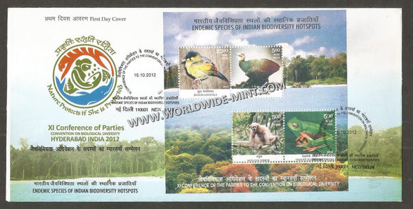 2012 INDIA Enedmic Species of Indian Biodivesrity Hotspots Miniature Sheet FDC