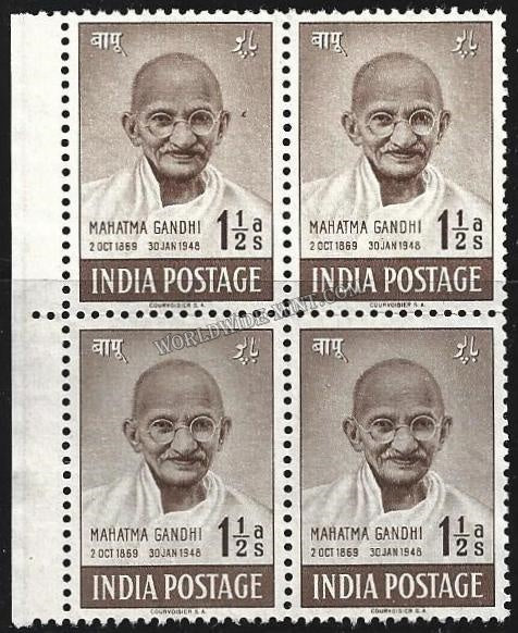 1948 Mahatma Gandhi- 1 1/2 Anna  Block of 4 Gum Washed