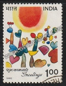 1990 Greetings-Hearts & Flowers Used Stamp