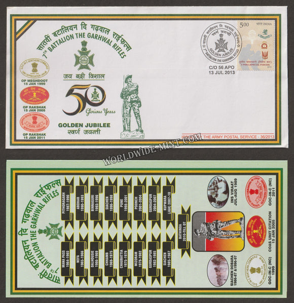 2013 INDIA 7TH BATTALION THE GARHWAL RIFLES GOLDEN JUBILEE APS COVER (13.07.2013)