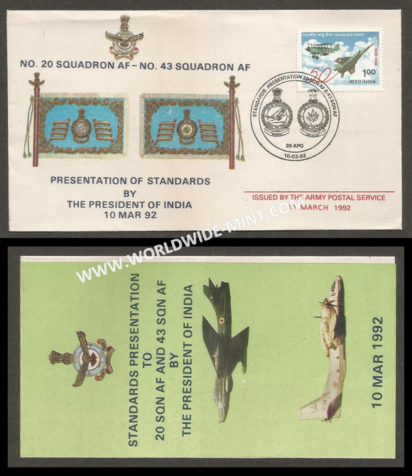 1992 India NO 20 & NO 43 SQUADRON AIR FORCE STANDARD PRESENTATION APS Cover (10.03.1992)
