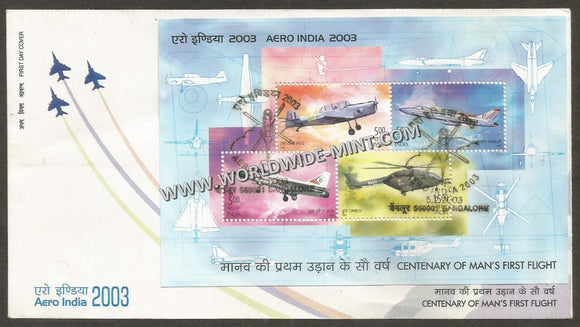 2003 INDIA Centenary of Mans First Flight - Aero India 2003 Miniature Sheet FDC