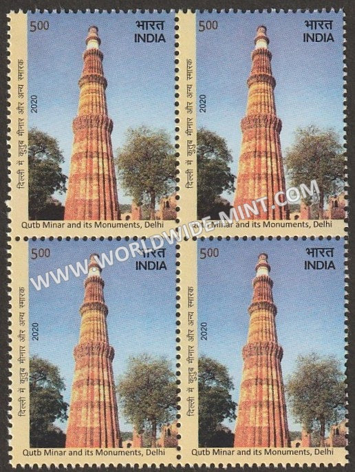 2020 India UNESCO World Heritage Sites in India III Cultural Sites- Qutub Minar & Its Monuments, Delhi Block of 4 MNH