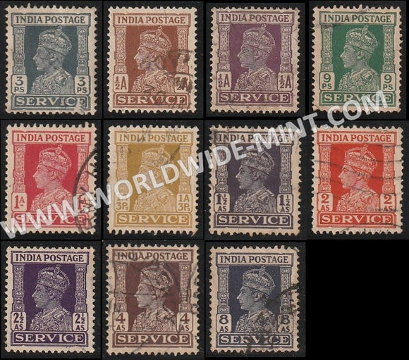 1939-1942 British India King George VI - Overprint Service Used Stamps Complete Set