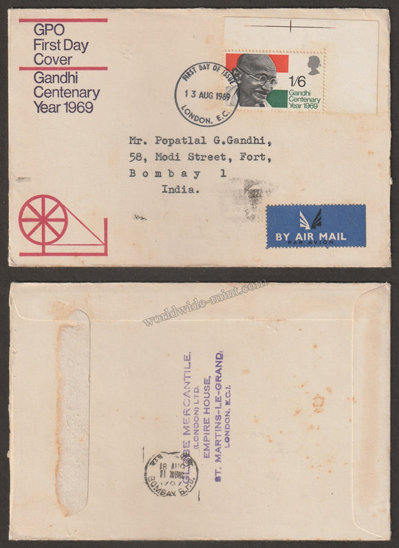 1969 Great Britain Gandhi FDC - Commercial Cover From London to Bombay #Gan400