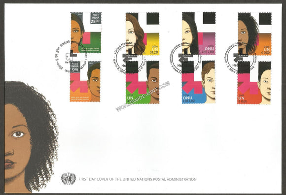 2016 HE for she Quatro FDC with all Un & India Cancellation