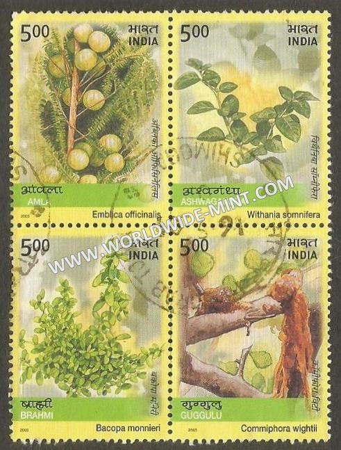 2003 INDIA Medicinal Plants Block of 4 setenant used