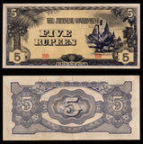 BURMA (MYANMAR) WWII - JAPANESE OCCUPATION - 5 Rupees 1942 - 1944 P#15b - Block letters BB XF Bank Note #UCN1000