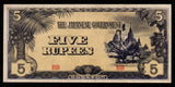 BURMA (MYANMAR) WWII - JAPANESE OCCUPATION - 5 Rupees 1942 - 1944 P#15b - Block letters BB XF Bank Note #UCN1000