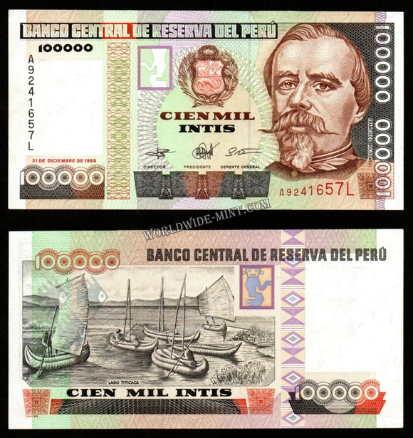 Peru 100000 Intis 1989 UNC Bank Note #CN1003