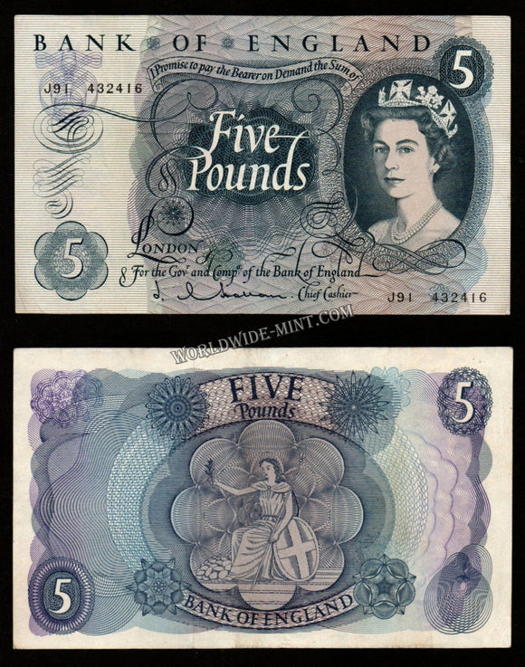 England 5 Pounds 1963- 1966 XF+ Bank Note #CN1005