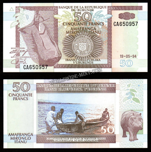 Burundi 50 Francs 1994 UNC Bank Note #CN1027