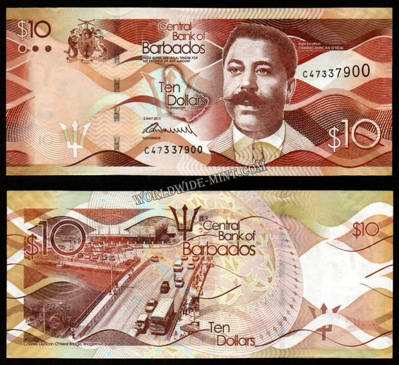 Barbados 10 Dollars 2013 UNC Bank Note #CN1073