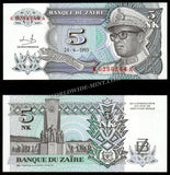 Zaire 5 Nouveaux Makuta - 1993 P# 48a UNC Bank Note N#205050 #CN1214
