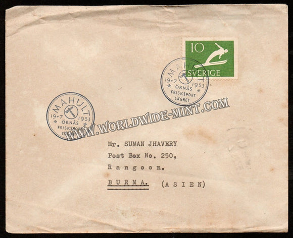 1953 Sweden Commercial Cover to Burma with delivery Cancellation Cover - Ski Jump #FA145