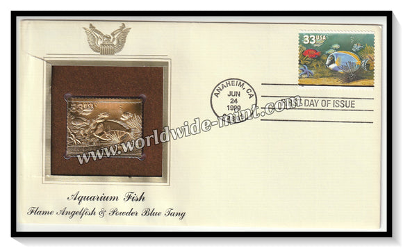 1999 USA Aquarium Fish Flame Angelfish & Powder Blue Tang - Gold Replica FDC #FE152