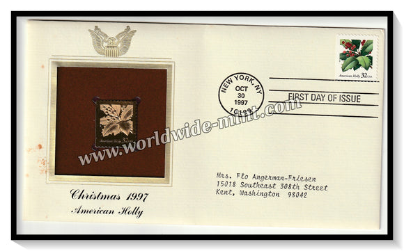 1997 USA Christmas 1997 American Holly - Gold Replica FDC #FE157