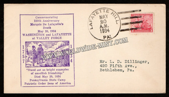 1934 USA Commemorating 100th Anniversary Marquis De Lafayette's (French military officer) Death FDC #FA16