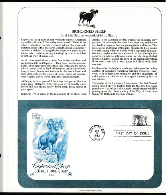 1982 USA Big horned Sheep Booklet Pane Stamp 1982 FDC #FE178