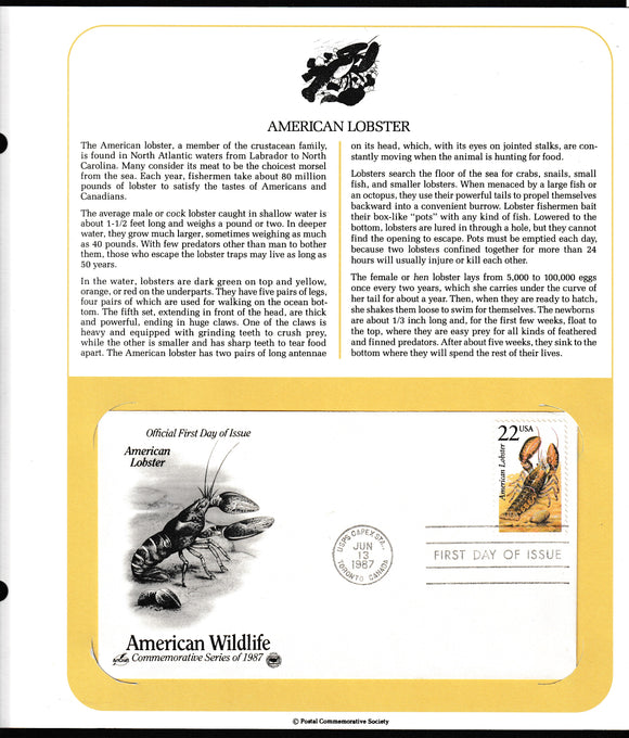 1987 USA American Wildlife - American Lobster FDC #FE180