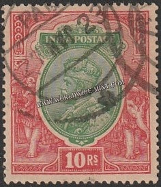 1911 - 1923 BRITISH INDIA - 10 R Green & Scarlet (1913) - King George V Star W/M Used Stamp S.G:189