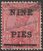1921 BRITISH INDIA - 9p on 1a Rose Carmine - King George V Star W/M Used Stamp S.G:192