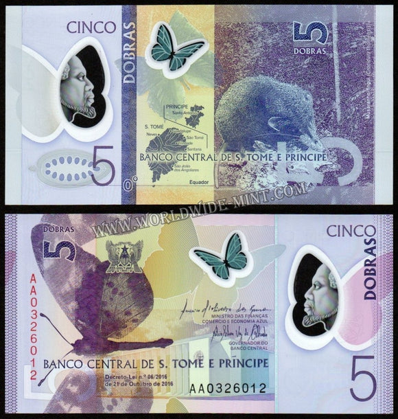 São Tomé and Príncipe - 5 Dobras - 2016 Polymer UNC Currency Note N# 204453