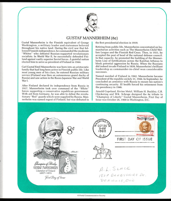 1960 USA Gustaf Mannerheim Liberator of Finland 1867-1951 FDC #FE212