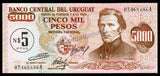 URUGUAY 5 Nuevos Pesos Overprinted on 5000 Pesos - 1975 P# 57 UNC Bank Note N#216270