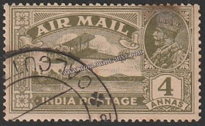 1929 BRITISH INDIA - 4a Olive Green - King George V, Air Mail Series Multi Star W/M Used Stamp S.G:222