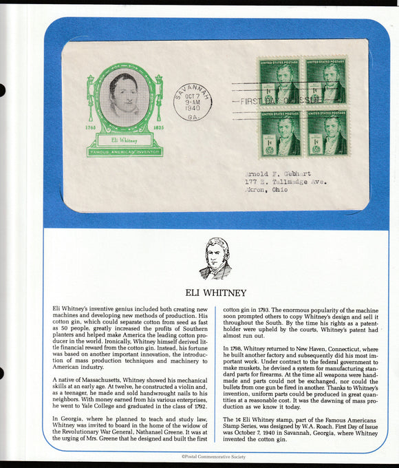 1940 USA Eli Whitney - Famous American Inventor FDC #FE224