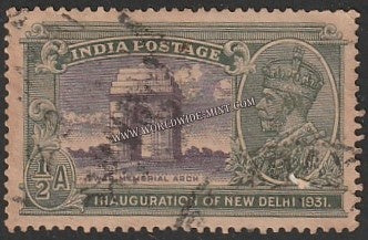 1931 BRITISH INDIA - 1/2 a Violet & Green - King George V, Inauguration of New Delhi - War Memorial Arch India Gate Multi Star W/M Used Stamp S.G:227