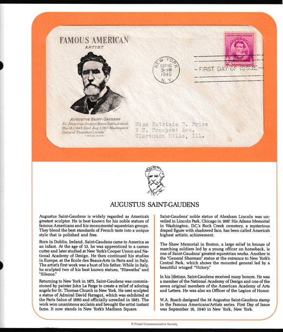 1940 USA Famous American - Augustus Saint-Gaudens (American sculptor) FDC #FE227