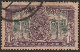 1931 BRITISH INDIA - 1 R Violet & Green - King George V, Inauguration of New Delhi - Dominion Column & Secretariat Multi Star W/M Used Stamp S.G:231