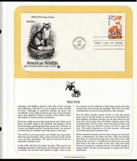 1987 USA American Wildlife - Red Fox FDC #FE232