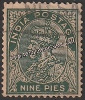 1932 - 1936 BRITISH INDIA - 9p Deep Green (Litho) (22.04.1932) - King George V Multi Star W/M Used Stamp S.G:233