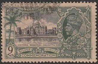 1935 BRITISH INDIA - 9p Black & Grey Green - King George V, Silver Jubilee - Victorial Memorial, Calcutta Multi Star W/M Used Stamp S.G:241