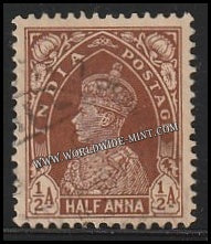 1937 - 1940 BRITISH INDIA - 1/2a Red - Brown - King George VI Multi Star W/M Used Stamp S.G:248