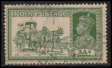 1937 - 1940 BRITISH INDIA - 3a Yellow - Green - Tonga Post King George VI Multi Star W/M Used Stamp S.G:253