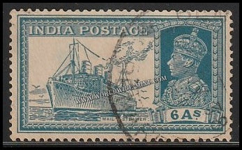 1937 - 1940 BRITISH INDIA - 6a Turquoise - Green - Ship Post - King George VI Multi Star W/M Used Stamp S.G:256