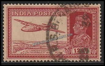 1937 - 1940 BRITISH INDIA - 12a Lake - Mail Plane - King George VI Multi Star W/M Used Stamp S.G:258