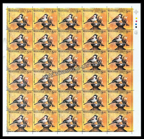 2010 India Pigeon & Sparrow - Rock Sparrow Full Sheet of 30 Stamps