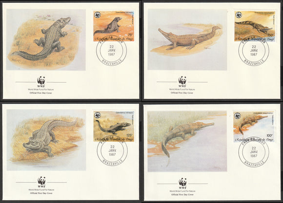 1987 Congo, Rep. WWF World wide Fund For Nature Airmail - Crocodiles Set of 4 FDC #FE261