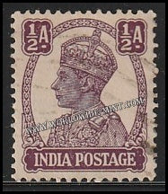 1940 - 1943 BRITISH INDIA - 1/2a Purple - King George VI, War Economy Issues Multi Star W/M Used Stamp S.G:266
