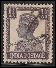 1940 - 1943 BRITISH INDIA - 1 1/2a Dull Violet Litho - King George VI, War Economy Issues Multi Star W/M Used Stamp S.G:269b