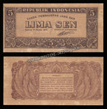 INDONESIA 1 LIMA SEN ORI I - 1945 UNC Currency Note N#268563