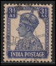 1940 - 1943 BRITISH INDIA - 3 1/2a Bright Blue - King George VI, War Economy Issues Multi Star W/M Used Stamp S.G:272