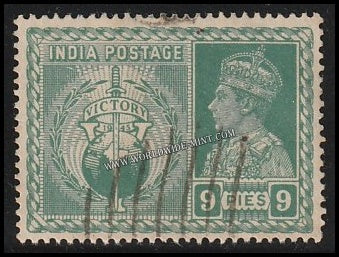 1946 BRITISH INDIA - 9p Yellow Green - King George VI, Victory of Allied Powers in WW II Multi Star W/M Used Stamp S.G:278