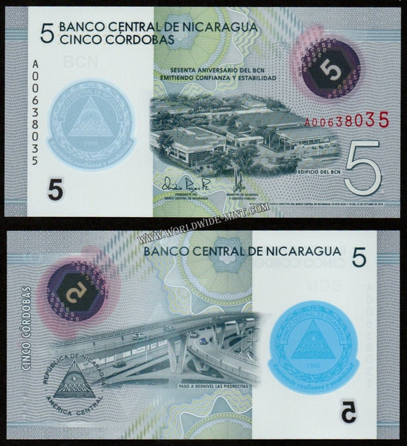 Nicaragua 5 Córdoba -2020 UNC Commemorative Polymer Banknote N#239037